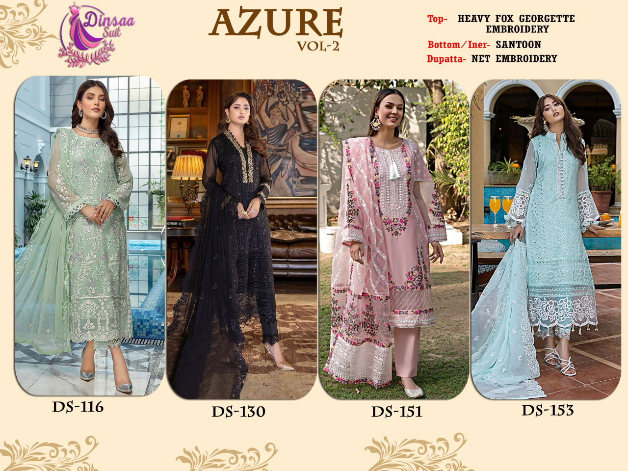 Dinsaa Azure Vol 2 Fancy Wear Wholesale Georgette Pakistani Salwar Suit Catalog
